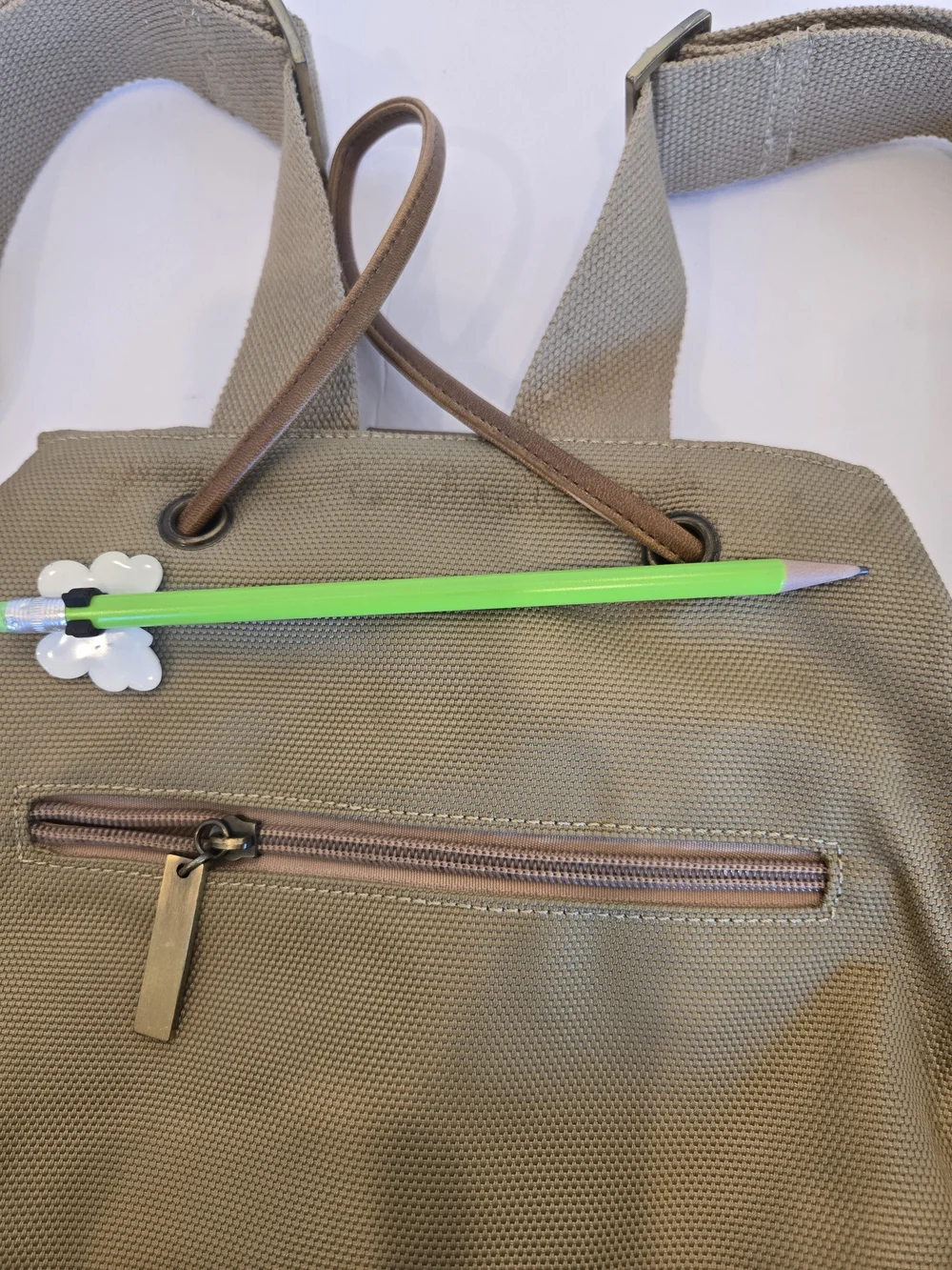 Khaki Canvas Backpack with Brown Trim for Women